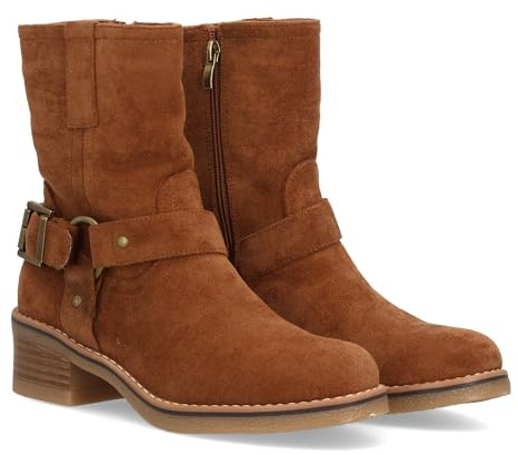 98375 Botin de Tacon para Mujer con Diseno Casual con toques Moteros Gracias a Hebilla Decorativa en el Lateral. Tacon bajo Comodo, Cierre de Cremallera. Ideal Otono Invierno. Camel Talla 39