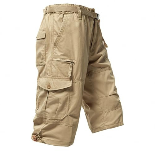 PADOLA Short Homme Cargo Coton Bermuda avec 7 Poches été Taille Elastique Camouflage Pantacourt à Jambes Larges avec Cordon de Serrage Baggy 3/4 Pantalon avec Ceinture Réglable