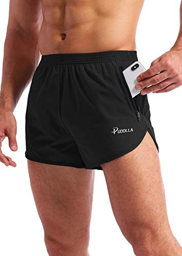 Pudolla Men’s Running Shorts 3 Inch Quick Dry Gym Athletic Workout Shorts for Men with Zipper Pockets(Black Small)