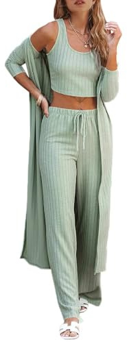 Fessceruna Womens 3 Piece Lounge Sets Pajamas Knit Long Sleeve Cardigan Crop Top Wide Leg Pants Loungewear Set