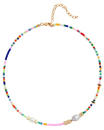 Wellike Freshwater Pearl Beaded Necklace for Women Handmade Boho Colorful Glass Beads Choker Necklace Stainless Steel 18K Gold Plated Bohemian Women Summer Jewelry Gifts, 12.6-18inches, Metal, No