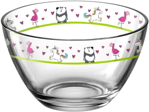 Leonardo Bambini Glas-Schalen 6er Set, Kinder-Schälchen aus Glas mit Tier-Motiven, Flamingo, Einhorn, Panda, spülmaschinengeeignete Schüsseln, Ø 12 cm, bunt, 400 ml, 017888
