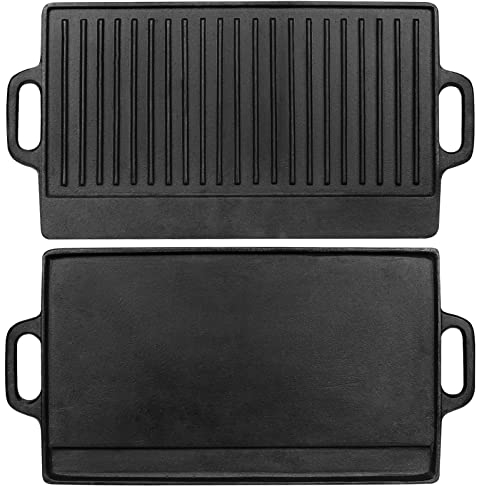 32nd Placa de hierro fundido apta para cocinas de gas, eléctricas y de inducción, placa de parrilla de doble cara con superficies planas y estriadas, 51 cm x 23,6 cm