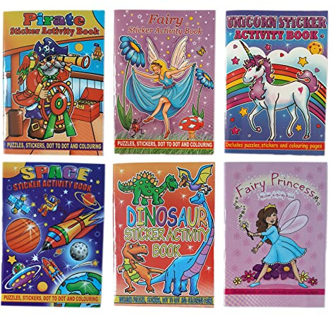 WFGraham Pack of 10 Mini Sticker Activity Books | 10x A6 Kids Party Bag Fillers including 36 pages each of Stickers, Puzzles, Word Search, Crossword, Dot-to-Dot and Colouring Games