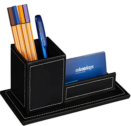 Relaxdays Porta Biglietti da Visita da Scrivania Organizer Ufficio, Portapenne in Similpelle, HLP: 10,5x20x10 cm, Nero
