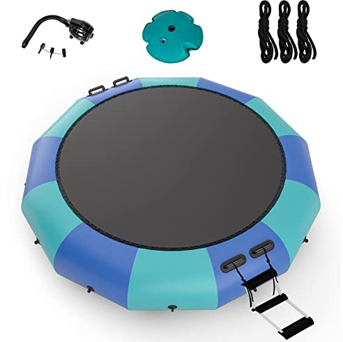 Giantex 15Ft Inflatable Water Trampoline, Floating Rebounder Trampoline with 500W Blower and 3-Step Rope Ladder, Kids Adults Recreational Water Trampoline for Pool, Lake, Water Park