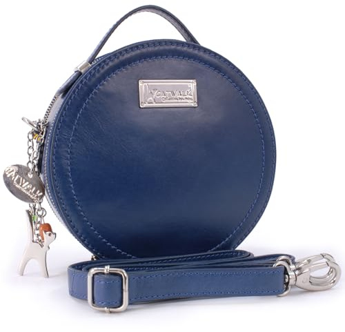 Catwalk Collection Handbags - Damen Runde Leder Umhängetasche - Henkeltasche/Handtasche Klein - Abnehmbarer Schultergurt - Tiffany - Blau