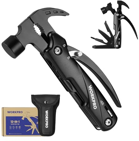 WORKPRO 12 in 1 Multi-Tool Hammer with Carry Bag - Pure Black, Pliers, Nail Remover, Saw, Bottle Opener, Screwdriver for Hiking, Fishing, Outdoors, Camping