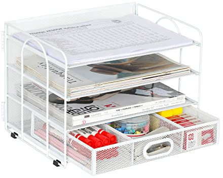 EasyPAG 4 Fächer A4 Metall Büro Schreibtisch Organizer Dokumentenhalter Aktenablage Zeitschriftenhalter Briefablage Papier Magazin Organisator mit Schreibwaren Schublade,Weiß