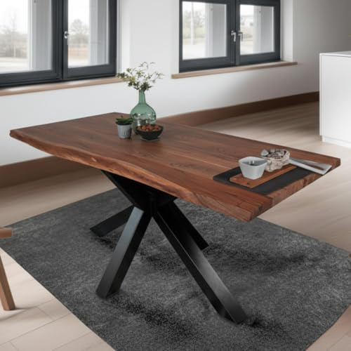 SAM Esstisch 220 x 100 cm Tim, Baumkantentisch nussbaumfarben, Akazienholz massiv, Spider-Gestell aus Metall Schwarz