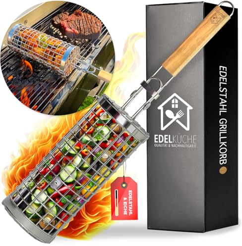 EdelKüche Premium Grillkorb aus Edelstahl für Gemüse und Fleisch | XXL, Rund, Zylindrisch, Groß | Drehspieß | Abnehmbarer Griff | Grillzubehör, Außengrill, Grillnetzrohr, Grillnetz | super Geschenk