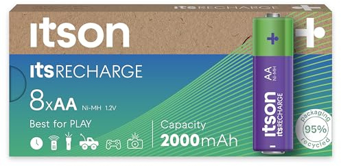 ITSON, AA rechargeable battery, pack of 8, min. capacity of 2000 mAh, pre-charged, packaging made of 95 Percent recycled materials, made in Japan, best for remote controls, torches, clocks