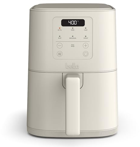 bella 4Qt Slim Air Fryer, Fits-anywhere™ Kitchenware, EverGood™ Ceramic Nonstick Coating, Adjustable Temperature, 6 Preset Cooking Options, 60 Min Auto Shutoff w Audible Tone, 3.3lb Capacity, Oatmilk