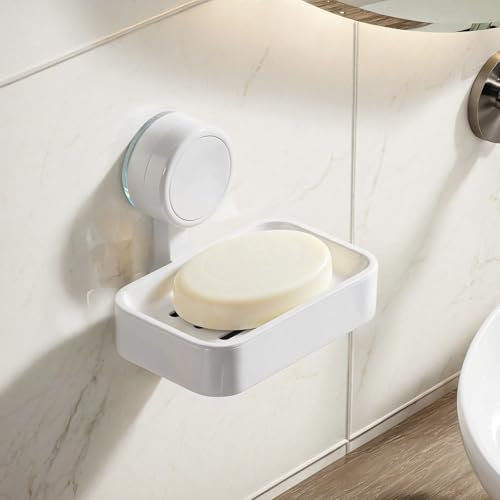 Porte Savon Ventouse, Boite a Savon Amovible avec Trou d'évacuation, Soap Dish sans Percage, Porte-Savon pour Salle de Bains et Cuisine, Blanc