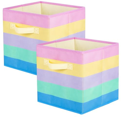 powerking Contenitore di stoccaggio, cubi pieghevoli di stoccaggio del tessuto e cassetto dell'organizzatore di stoccaggio del panno per armadio e giocattoli di stoccaggio, 2 Pack (strisce arcobaleno)
