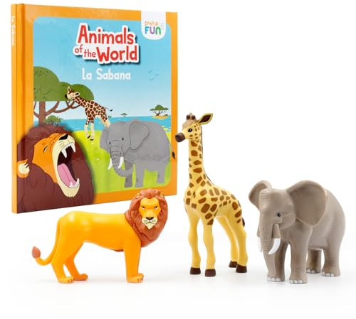 DOKTOR FUN 3 Figuras de Animales de Juguete - Descubre La Sabana - Miniaturas del León, Elefante y Jirafa - Incluye Libro Ilustrado con 3 Historias y Curiosidades - Material Niños de 3 Años o Más