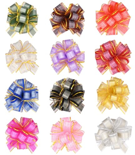 HOTUT 12 Pcs Large Organza Pull Bow (6 Inch), Mixed Color Organza Pull Bows for Gift Wrapping, Ribbon Bow Present Wrapping Pull Bow with Ribbon for Wedding Cars, Party Decorations, Birthday, Christmas