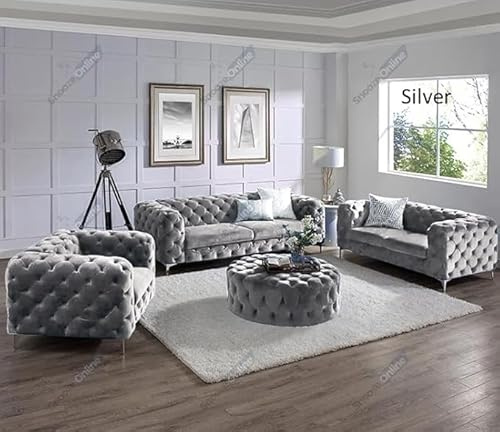 Snooze Upholstered Velvet Monaco Sofa Sets,3 and 2 Seater Sofas & Couches,Chesterfield Sofas for Living Room, Plush Fabric (Silver Plush, 2+3 Seater)