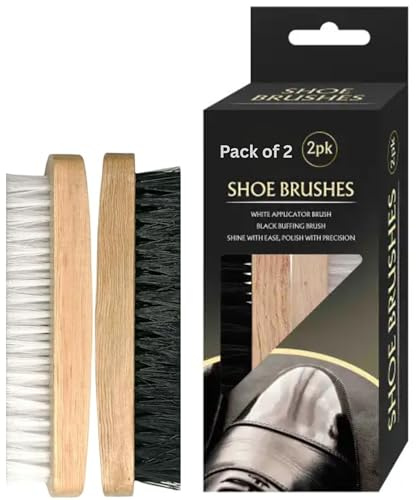 2 Pc Shoe Polish Brush | Brown, White & Black Shoe Polish Brush | Essential for Shoe Shine & Shoe Polish Kit |Wooden Handle Mud Remover Set | Soft & Stiff Bristles White Applicator Black Buffing Shine