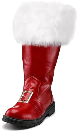Stivali da Babbo Natale da uomo, a tinta unita, con peluche bianco e cerniera laterale, stivali natalizi da combattimento per Halloween, Natale, cosplay, 2 rossi., 38 2/3 EU