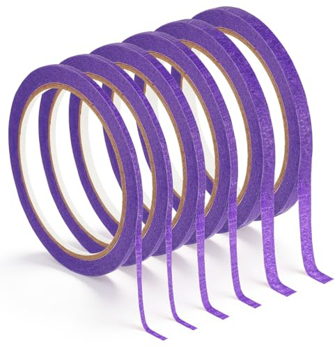 6 rollos de cinta de carrocero de vinilo morada para un enmascaramiento preciso, cinta de trazo fino de 3/5/7 mm x 20 m, 3 anchos, autoadhesiva para coche, escuela, oficina y proyectos de bricolaje