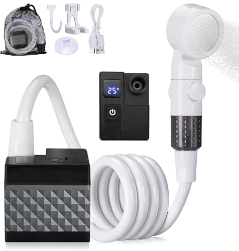 Tismels Ducha de Camping, 7500mAh Portátil Bomba de Ducha Eléctrica Recargable USB con Pantalla LED Inteligente de Temperatura, 3 Modos de Presión,para Camping, Viajes, Playa, Jardín y Mascotas