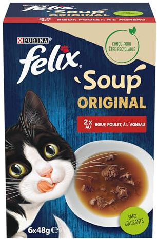 FELIX | Soup Original | Soupes en sachets pour Chat Adulte | Aliment Humide | Au Boeuf, Poulet et Agneau | Sachet Fraîcheur | Lot de 8 (6 x 48g)