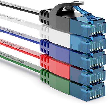 deleyCON 5x 0,5m CAT6 Plano Cable de Red 1000 Mbit Gigabit LAN - Cat 6 RJ45 Ethernet Cable de Conexión Delgado Cable de Instalación Plano - para Internet Conmutador Router Módem - Colorido