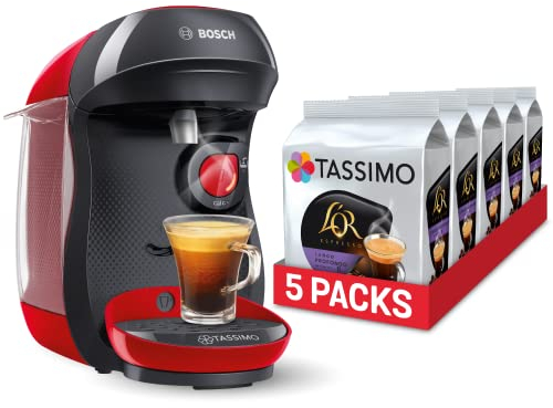Bosch Hogar TAS1003 TASSIMO Happy Cafetera de cápsulas, 1400 W, color rojo y negro y TASSIMO L'Or Café Lungo Profondo - 5 paquetes de 16 cápsulas: Total 80 unidades