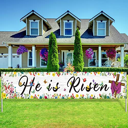 Tatuo He Is Risen Banner Happy Easter Banner Spring Backdrops Decorations Outdoor Indoor Bunny Eggs Grass Photo Easter Party Supplies for Garden, 98.43 x 18.11