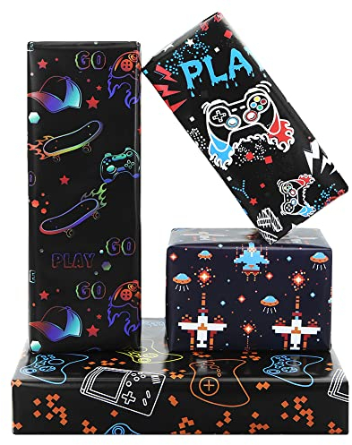 Spiele-Geschenkpapier für Jungen, Kinder, Familie, Freunde, Spieleliebhaber, 4 Designs, 4 Bögen: 50 x 70 cm pro Blatt, Gaming-Geschenkpapier, Videospiel, Schwarz, Geschenkpapier für Geburtstag und