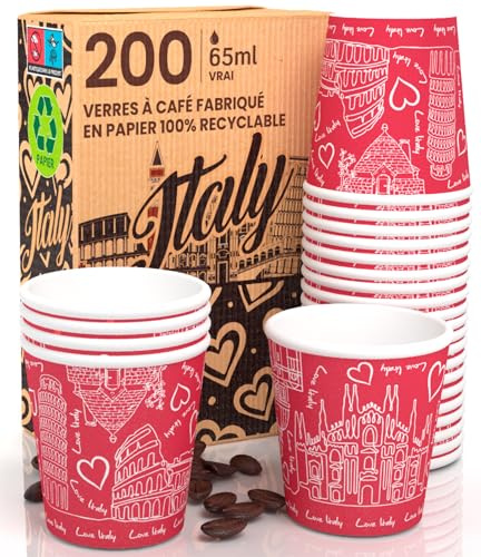 200 kaffemuggar av papper, 65 ml, Italien, röd, miljövänlig, biologiskt nedbrytbar, engångsmugg, liten, att ta med sig, varma drycker
