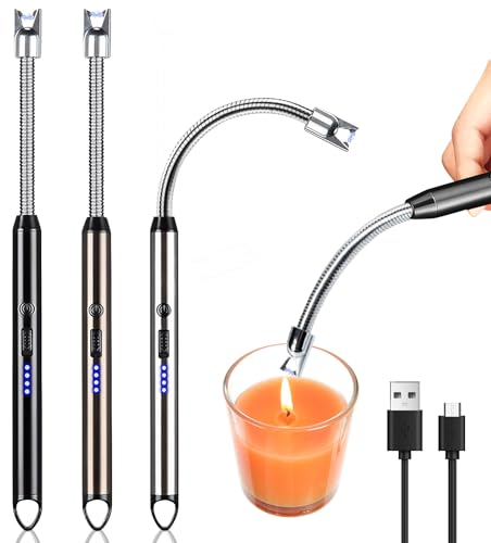 Accendino elettrico, 3 pezzi, ad arco elettrico, ricaricabile, USB, al plasma, con serratura di sicurezza, per camino, candele, barbecue, cucina, campeggio