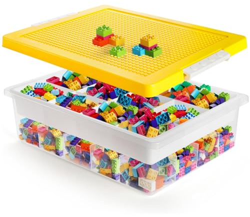 Acshio Building Block Organizer Bin, Plastic Double Layer Brick Storage Box with Building Baseplate, Stackable Art Crafts Container with Removable Divided Tray for Home, Office