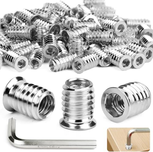 Ziamzra 120 tuercas atornillables M6 x 10 mm, inserción roscada de madera, M6, manguitos atornillables galvanizados, casquillos de rosca hexagonales para muebles de madera, acero, madera