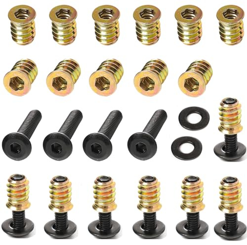 30-Set 1/4-20 Threaded Insert and Bolt for Wood, Furniture Screw Nut 3/5 with Black Oxide Flat Head Bolts 1 and Washers