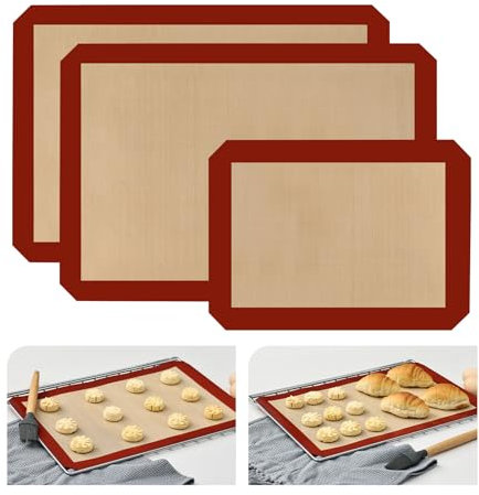 KitchenRaku Set di 3 tappetini da forno in silicone, 29,5 x 42 cm, antiaderente, in silicone, riutilizzabili, senza BPA, rosa