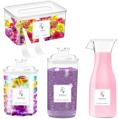 4Pcs Laundry Storage Containers Jars with Labels,Laundry Pods Storage Container,Laundry Liquid Dispenser,Clear Kitchen Organization Containers For Washing Pods, Powder, Scent Booster