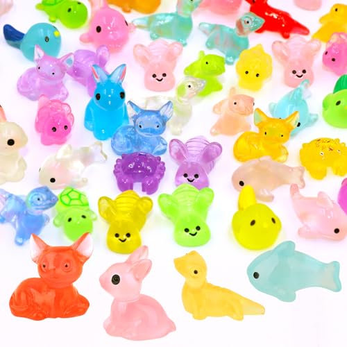 CTYUEYUN 150 Pcs Mini Animal Figures,Resin Animals Luminous,Mixed Cute Animals Rabbits,Dinosaurs,Whales for DIY Craft Dollhouse Décor with Comes with Storage Box for Easy Storage