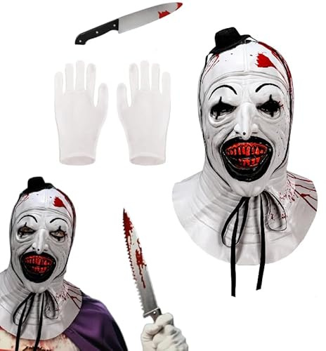 Art the Clown Mask Adults, Terrifier Mask with Sunflower Glasses for Scary Killer Costume Halloween Carnival Cosplay (Clown with Knife)