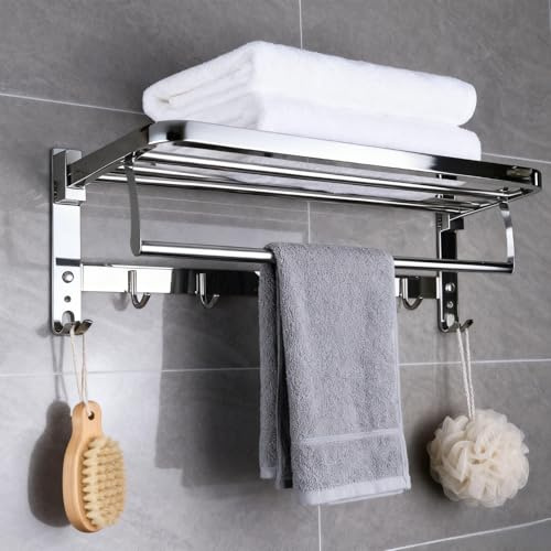 Senasvo 24 Foldable Double Towel Rack, SUS304 Stainless Steel, 20KG(44lbs) Heavy Duty, 9 Hooks + Shelf, Space Saving Wall Mount, Drill/No-Drill Bathroom Organizer. (Mirror Polished Silver)