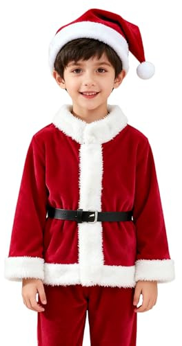 Générique Costume Pere Noel Enfant 4 Pièces avec Haut Pantalon Ceinture Chapeau, Chaud Polaire Deguisement Pere Noel Garçons pour Fête Carnaval Cosplay Noël Cadeau (01-Rouge, 3-4 Ans)