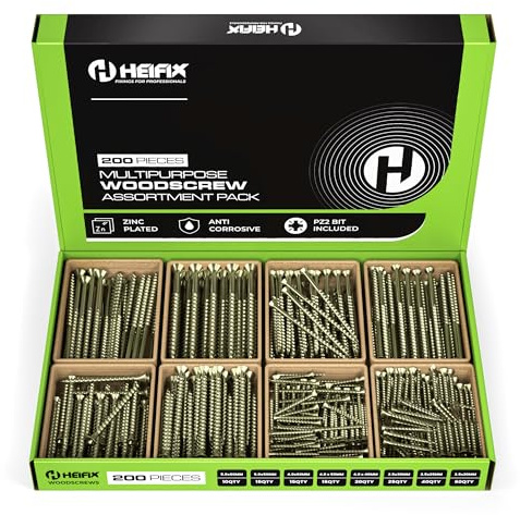 Heifix 200-Piece Wood Screw Assortment Set In Eco Storage Box - FREE Screw Bit Included - Double Countersunk, Pozi, Heavy Duty - For DIY, Floorboard, Wood Fences