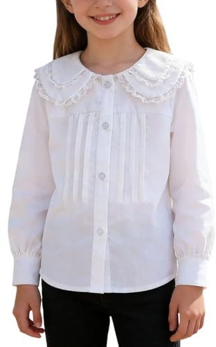 Girls' Long Sleeve Tshirt Button Down Shirt School Uniform Blouse Casual Formal Tops Cute White Blouses Relaxed CC19-White 12 Years 13 Years