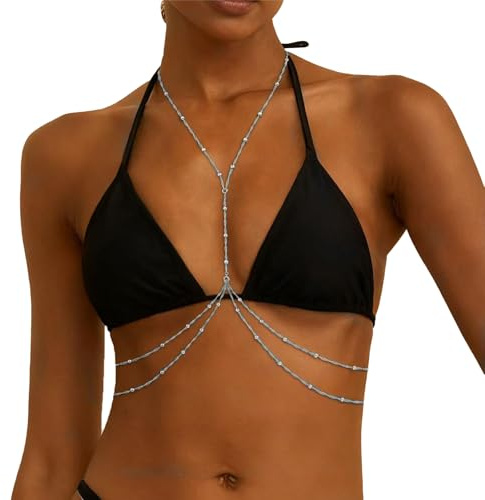 LAOYEFACAI Body Chain Donna Sexy a Strati, Catena Vita Addome Incrociata, Gioielli per Corpo Bikini Reggiseno, Collana Corpo Spiaggia Bikini Regolabile, Body Chain per Nightclub Rave Festival (Silver)