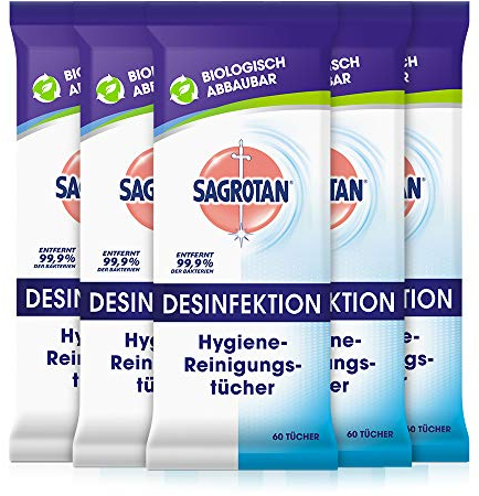 Sagrotan Hygienereinigungstücher – Für die praktische Reinigung und Desinfektion von Oberflächen – 5 x 60 Feuchttücher in wiederverschließbarer Verpackung