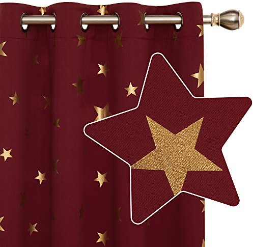 Deconovo Christmas Decorations Curtains Thermal Insulated Blackout Curtains, Gold Star Foil Printed, Eyelet Curtains for Kids Bedroom, 52 x 72 Inch(Width x Length), Red, 2 Panels