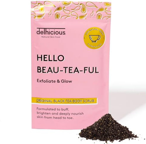 Delhicious Black Tea Body Scrub Exfoliator for Very Dry Skin - Himalayan Pink Salt Scrub with Almond Oil - Exfoliating Scrub for Soft, Smooth Skin - Natural, Vegan, Ayurveda - Original, 100g