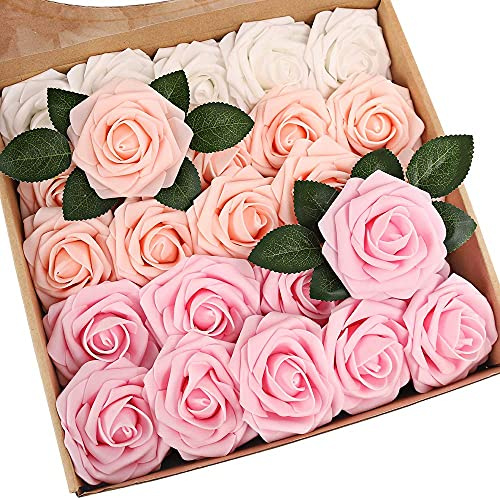 N&T NIETING Artificial Flower Roses, 25pcs Real Touch Foam Roses with Stems | Fake Flowers, DIY Wedding Bridal Bouquets, Valentine's Day, Mother's Day, Baby Shower, Home Decoration