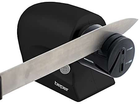 Beper P102ACP001 Elektrischer Messerschärfer Schere, Schraubendreher, Glatt, Wellenschliff, Alumina-Stein, 10W, Hochleistungsmotor, Rutschfeste Unterseite, Kabeltrommel, EIN/AUS-Taste, Schwarz